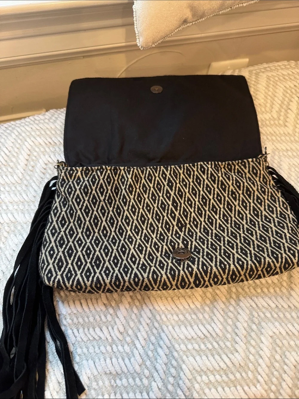 Bohemian Embroidered Fringe Crossbody Bag in Black and Multicolor